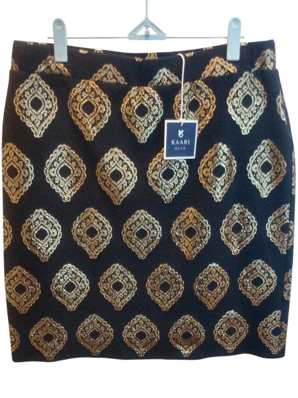 Kaari Blue Skirt Womens Large Black Gold Foil Medallion Pencil Stretch NWT L